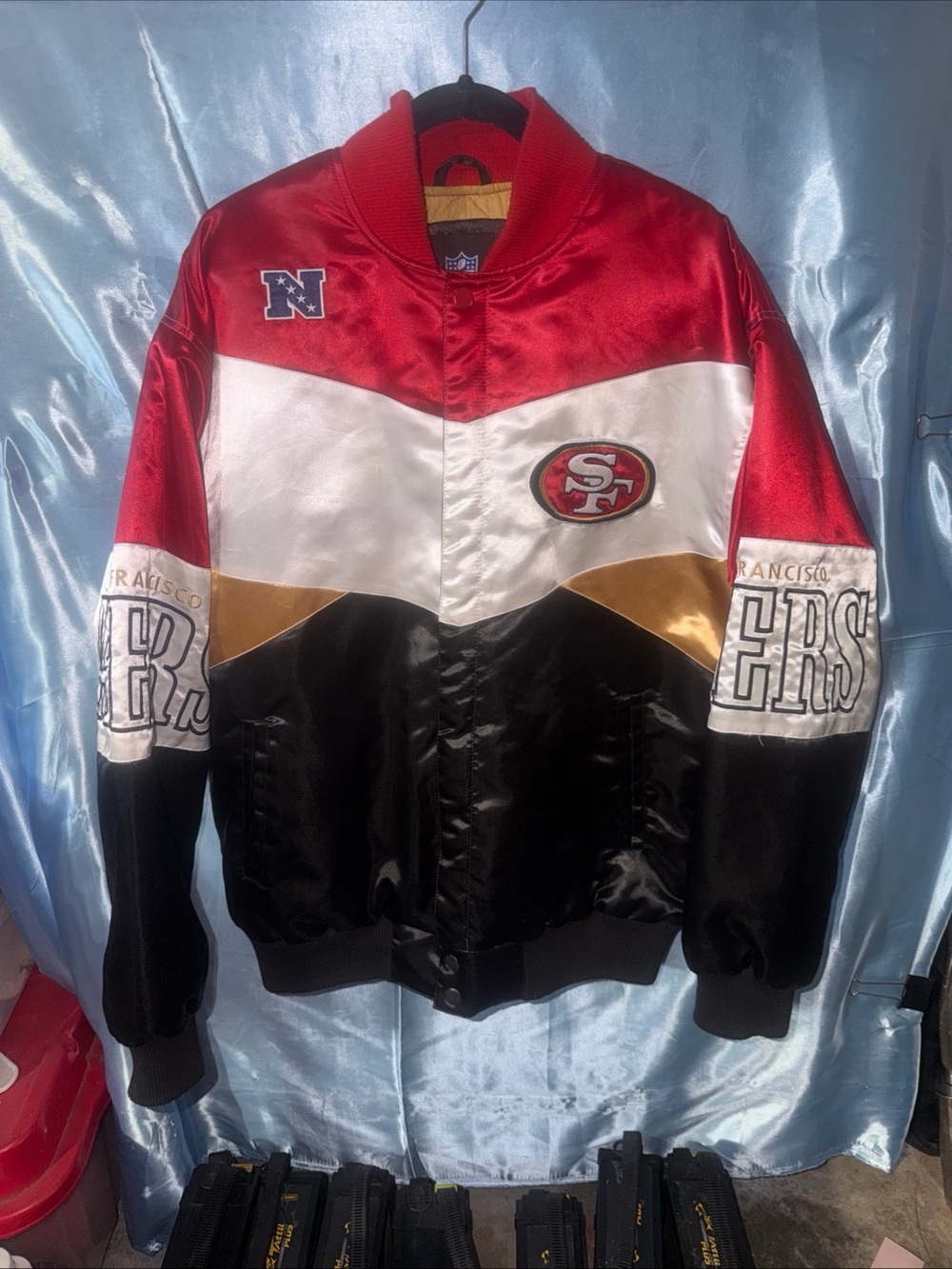 Vintage NFL  San Francisco 49ers Black White Gold Satin Bomber Starter Jacket